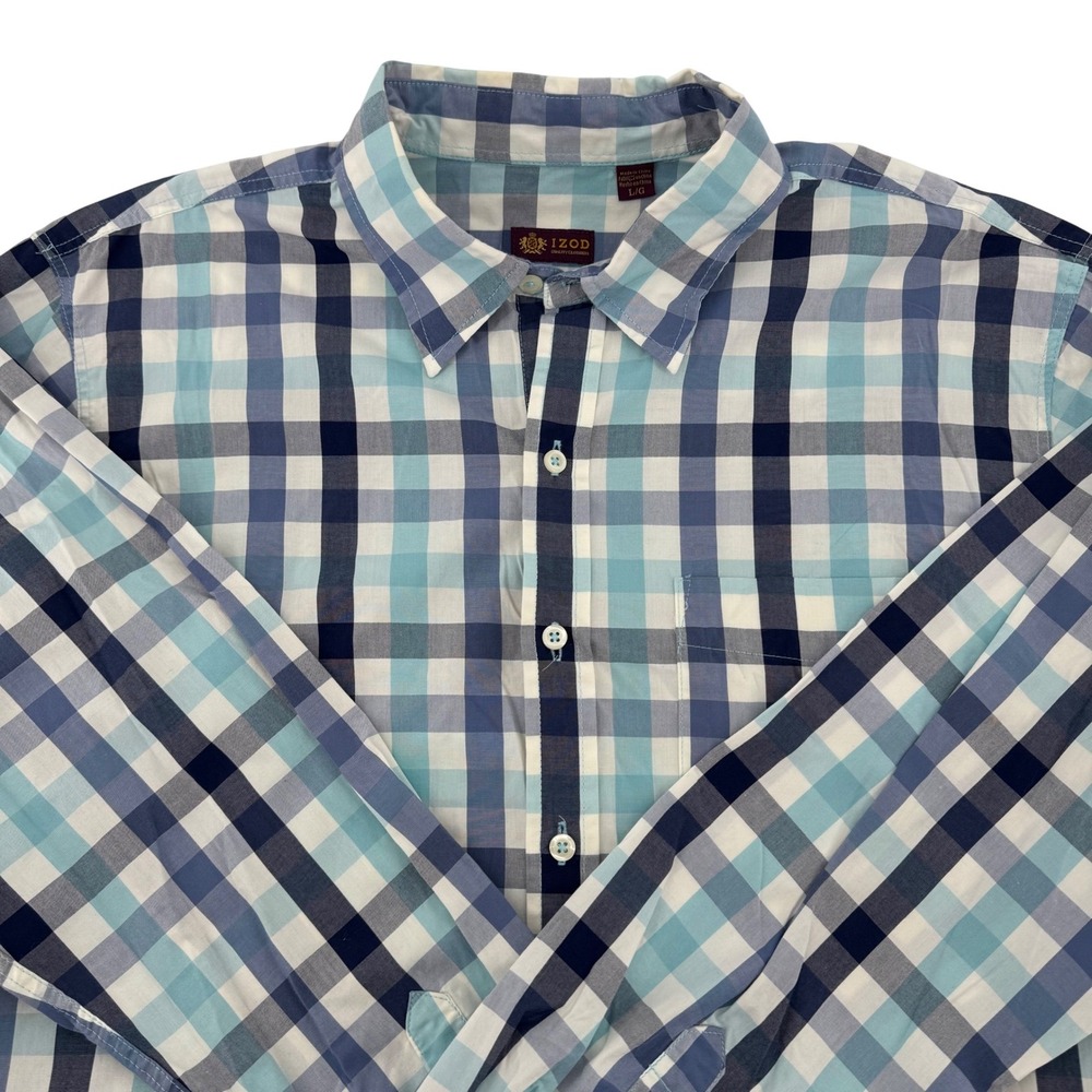IZOD Button Down Shirt Mens L Classic Plaid Regular Fit Blue Long Sleeve
